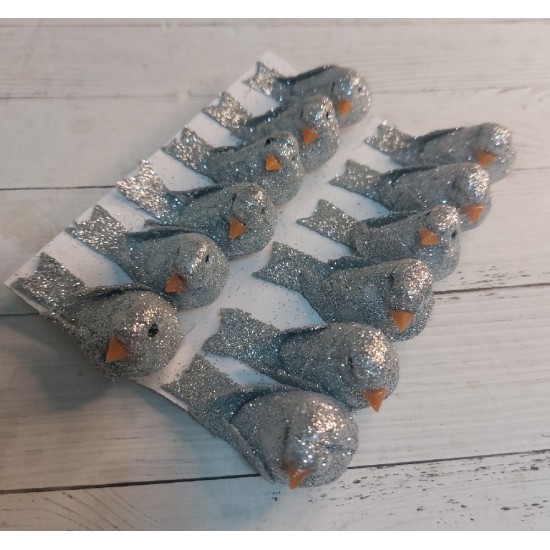 Птички декоративные с блестками 5*2,5 см, цв. серебро, цена за 1 шт